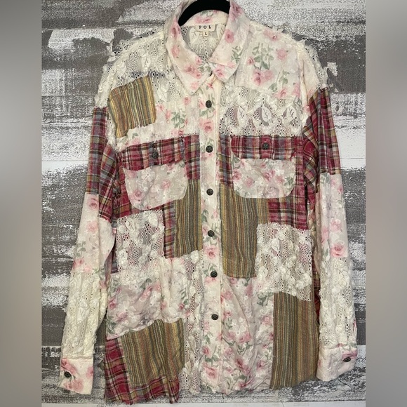 POL Tops - POL Lace-Trim Floral Blouse in Pink and Cream